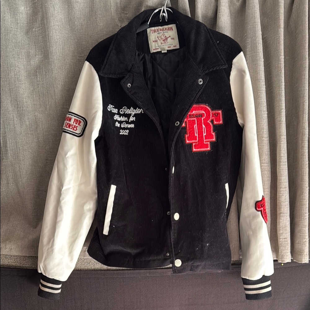 True Religion Varsity Bomber Black and White Jacket Corduroy M